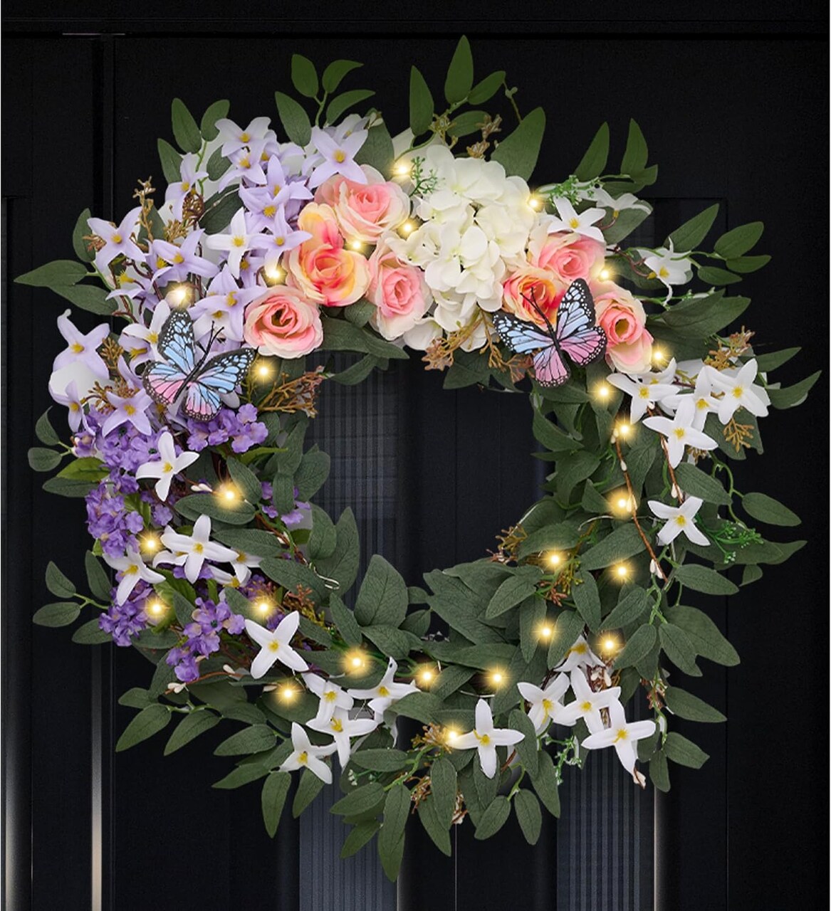 Spring Summer Flower Wreaths for Front Door with Lights
